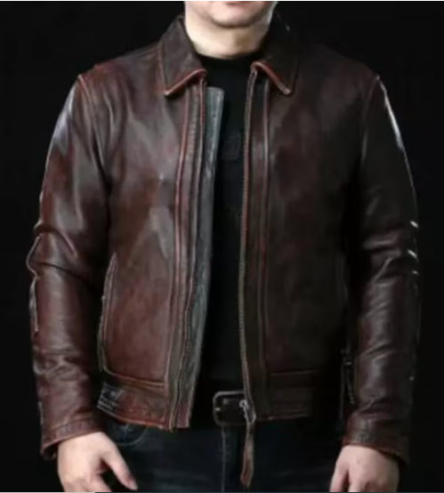 Handmade Men Brown Leather Biker Jacket, Men Fashion Jacket