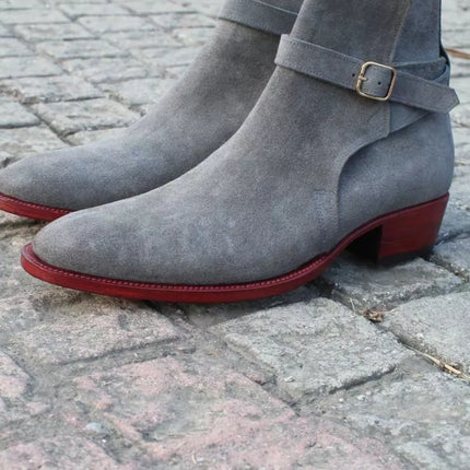 Handmade men gray suede dress jodhpur boots, formal office buckle boots mens
