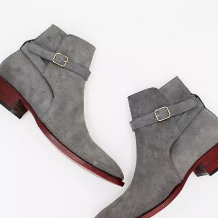 Handmade men gray suede dress jodhpur boots, formal office buckle boots mens