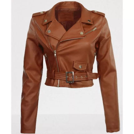 Women Brown Leather Cropped Biker Jacket, Cropped Belted Fashion Jacket
