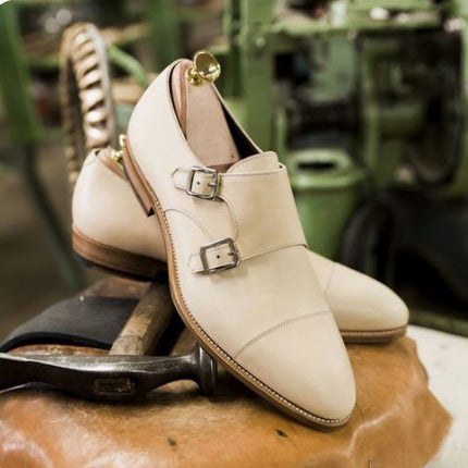 New White Double Monk Strap Formal Dress Handmade Shoes For Men’s, Leather Shoes, Business Dress Shoes