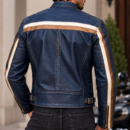 Handmade Men Blue Leather Striped Zipper Jacket, Biker Jacket For Men