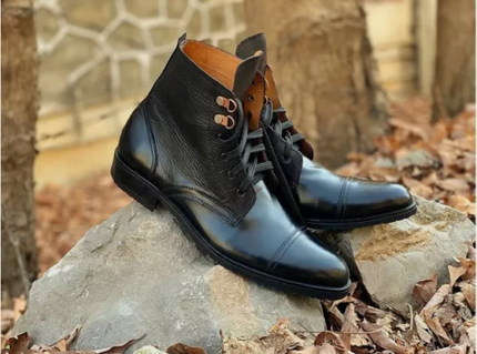 Men Handmade Black Leather Lace Up Ankle Boots, Street Style Biker Boots