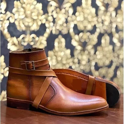 Men Handmade Tan Leather Jodhpurs Buckle Dress boots, Leather Ankle boots