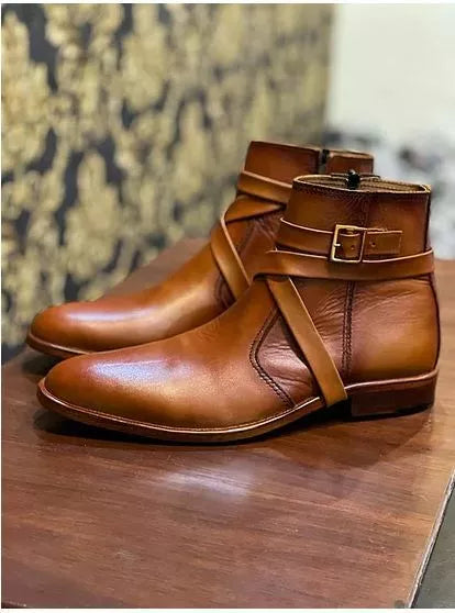 Men Handmade Tan Leather Jodhpurs Buckle Dress boots, Leather Ankle boots