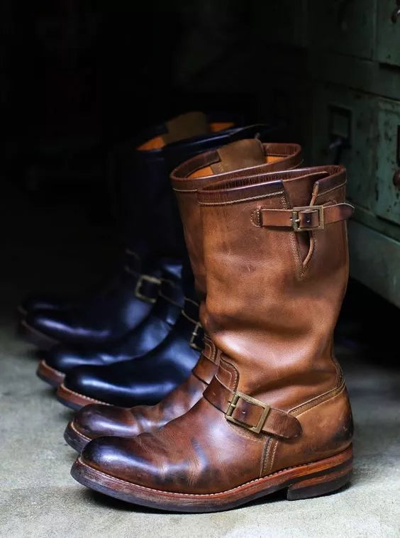 Handmade men brown leather combat boots, formal motorcycle biker boots for mens
