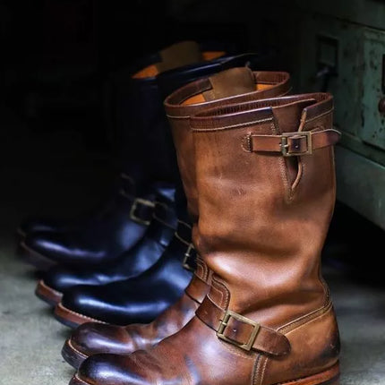 Handmade men brown leather combat boots, formal motorcycle biker boots for mens