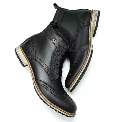 Handmade men black leather dress boots, formal wingtip brogue shoes for mens