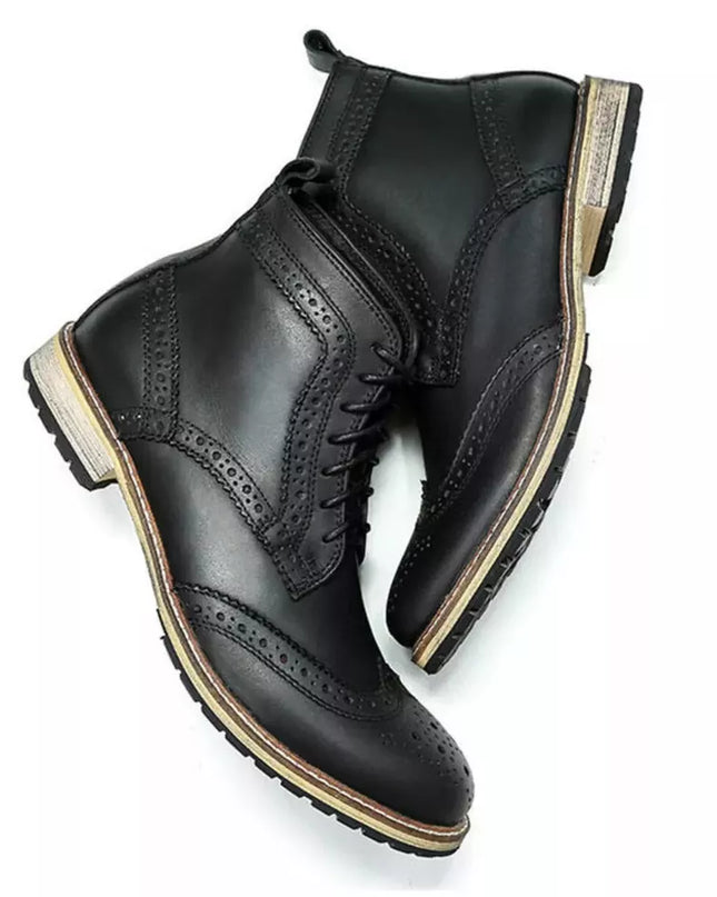 Handmade men black leather dress boots, formal wingtip brogue shoes for mens