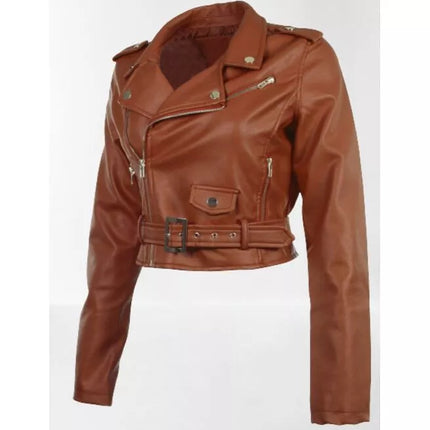 Women Brown Leather Cropped Biker Jacket, Cropped Belted Fashion Jacket