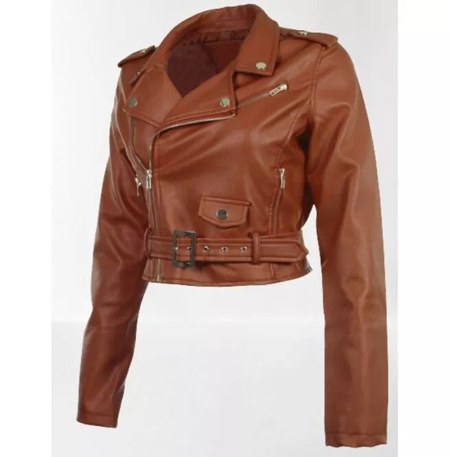 Women Brown Leather Cropped Biker Jacket, Cropped Belted Fashion Jacket
