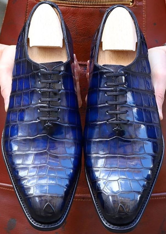 New Handmade Navy Blue Shoes, Mens Crocodile Print Shoes, Lace Up Office Shoes