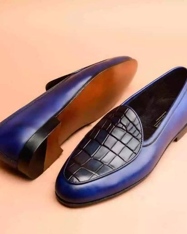 Handmade Blue Tone Crocodile Texture Leather Moccasin Shoes for Men,