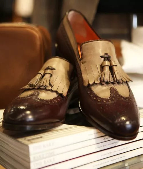 Handmade men brown leather tassel wing tip brogue shoes with fringes, office shoes