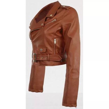 Women Brown Leather Cropped Biker Jacket, Cropped Belted Fashion Jacket