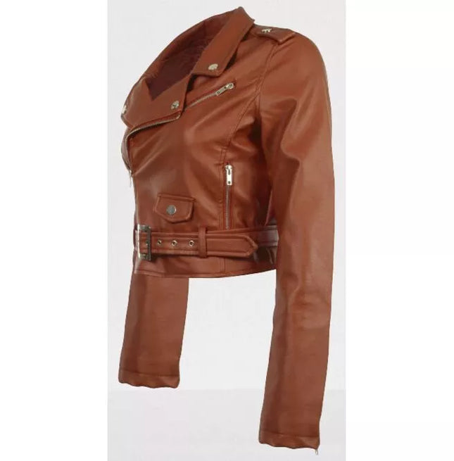 Women Brown Leather Cropped Biker Jacket, Cropped Belted Fashion Jacket