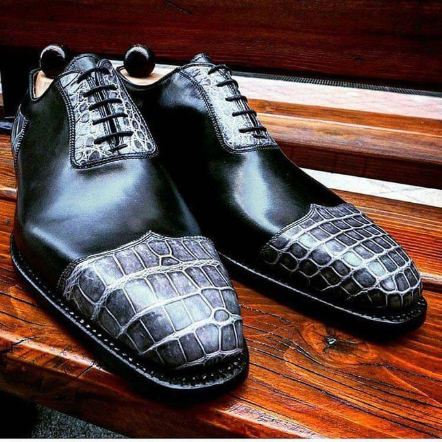 New Handmade Crocodile Print Shoes, Formal Men Black Shoes, Lace Up Office Shoes