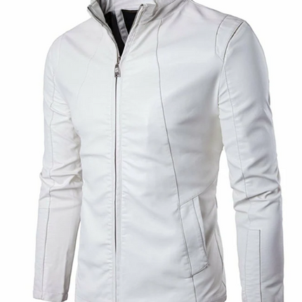 Handmade Men’s Stand Collar White Jacket, Biker Style Slim Fit Jacket For Men