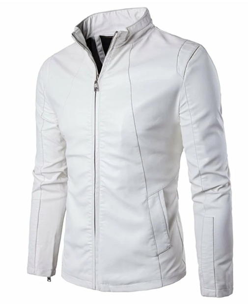 Handmade Men’s Stand Collar White Jacket, Biker Style Slim Fit Jacket For Men