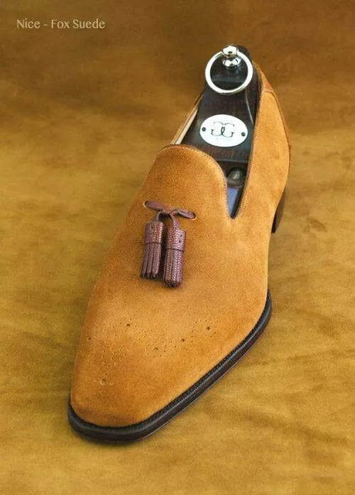 Handmade men tan suede moccasin shoes, formal brogue dress moccasin shoes mens