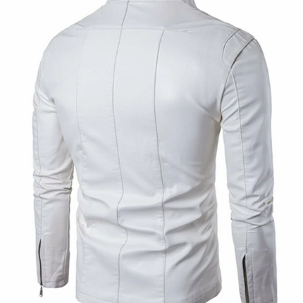 Handmade Men’s Stand Collar White Jacket, Biker Style Slim Fit Jacket For Men