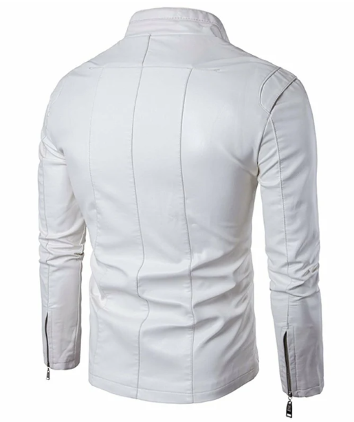 Handmade Men’s Stand Collar White Jacket, Biker Style Slim Fit Jacket For Men