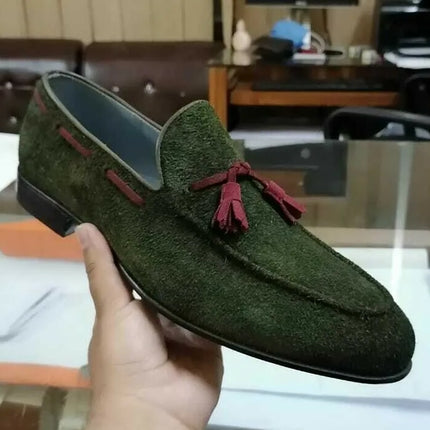Handmade men green suede moccasin, men tassel slip ons shoes, dress shoes mens