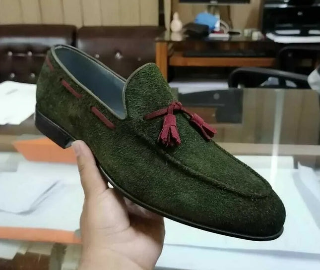 Handmade men green suede moccasin, men tassel slip ons shoes, dress shoes mens
