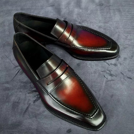 Handmade red shaded dress moccasin shoes, formal leather slip ons office shoes