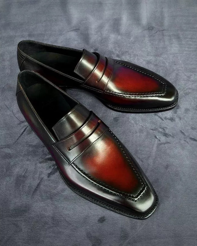 Handmade red shaded dress moccasin shoes, formal leather slip ons office shoes