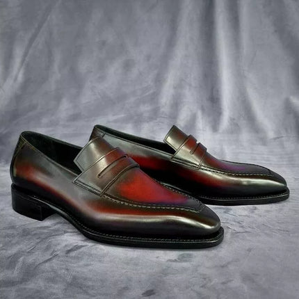 Handmade red shaded dress moccasin shoes, formal leather slip ons office shoes