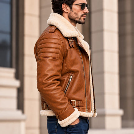 Handmade Men Tan Leather Fur Jacket, Biker Jacket, Men Fashion Outfit