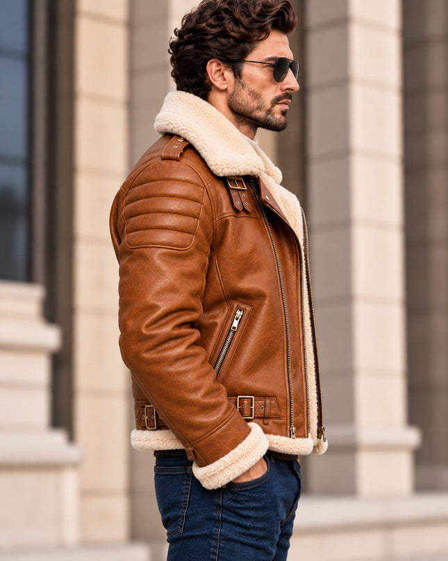 Handmade Men Tan Leather Fur Jacket, Biker Jacket, Men Fashion Outfit