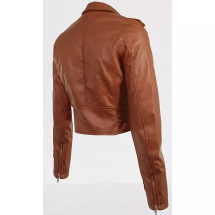 Women Brown Leather Cropped Biker Jacket, Cropped Belted Fashion Jacket