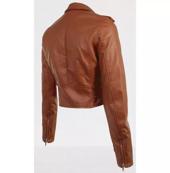 Women Brown Leather Cropped Biker Jacket, Cropped Belted Fashion Jacket