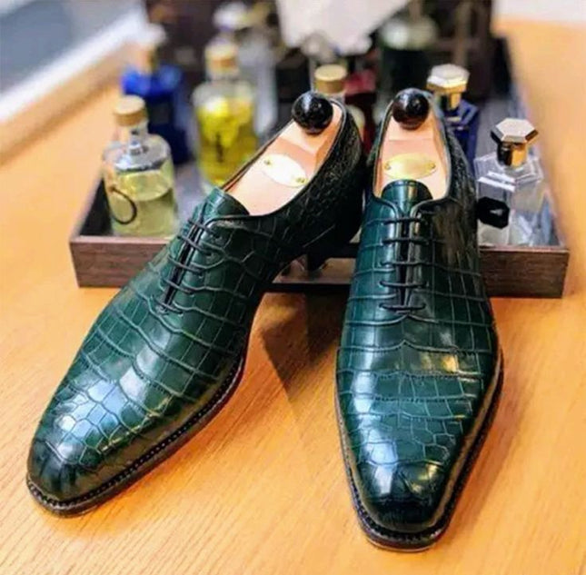 Handmade Crocodile Print Shoes, Formal Men Green Shoes, Lace Up Office Shoes