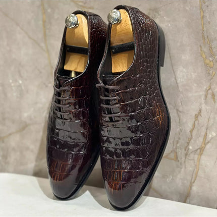 Handmade Mens Brown Crocodile Pattern Lace Up Dress Shoes, Men Brown Leather Shoes
