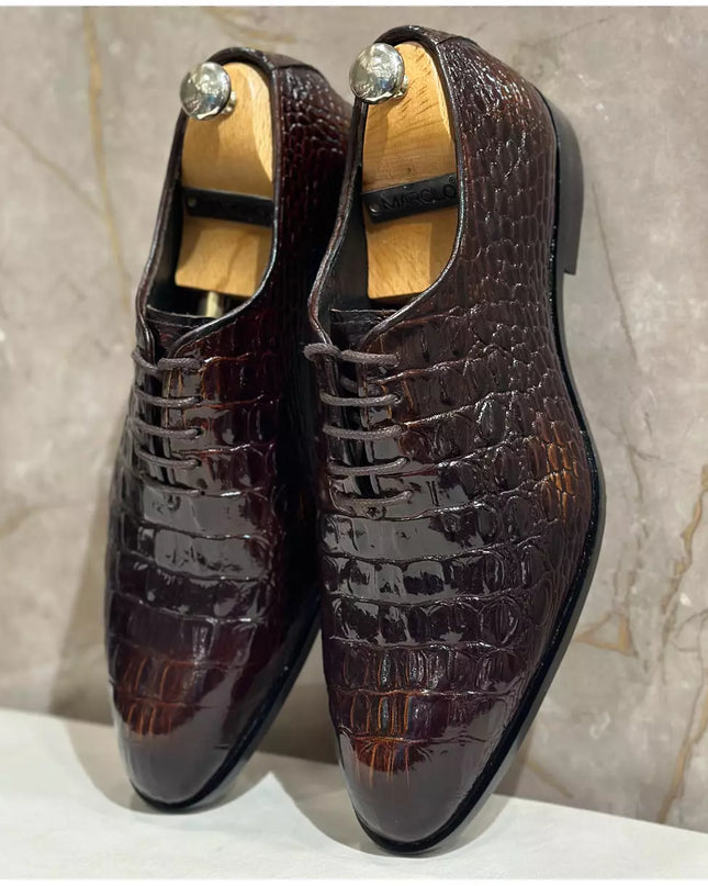 Handmade Mens Brown Crocodile Pattern Lace Up Dress Shoes, Men Brown Leather Shoes