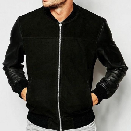 Handmade Men’s Black Suede & Sleeve Leather Biker Jacket For Men