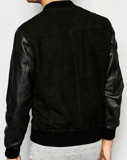 Handmade Men’s Black Suede & Sleeve Leather Biker Jacket For Men