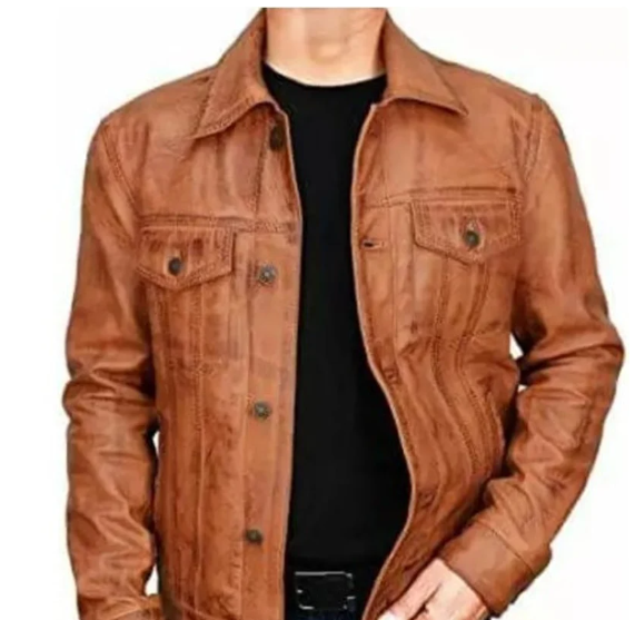 Men’s Handmade Brown Leather Trucker Jacket, Biker Jacket For Men
