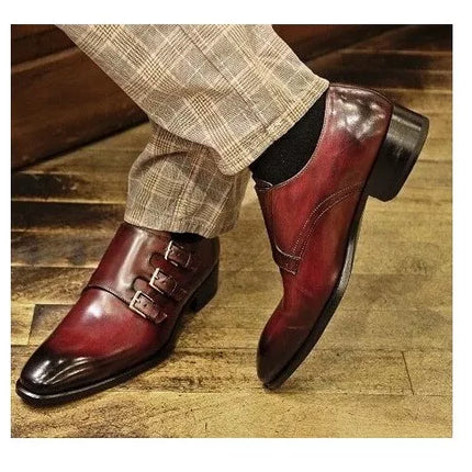 Handmade burnished brown triple monk shoes, men dress leather shoes, formal shoe