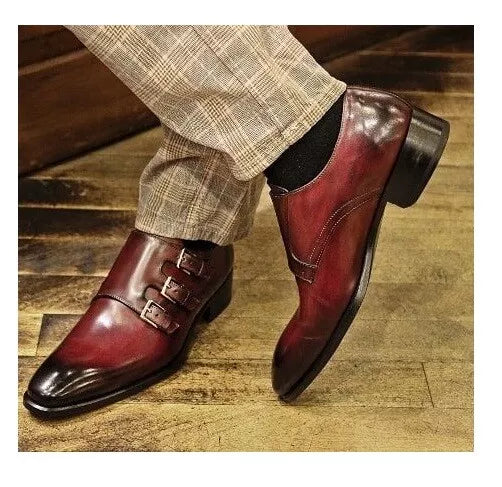 Handmade burnished brown triple monk shoes, men dress leather shoes, formal shoe