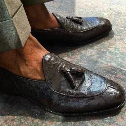 Brown Ostrich Texture Leather Moccasin Shoes with Tassels, Ostrich Loafer Shoes