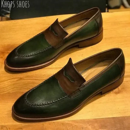 New Handmade Stylish Green and Brown Moccasin Shoes for Men, Men Loafer Shoes, Dress Shoes