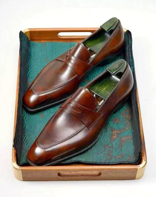 Handmade men pointed toe brown moccasin shoes, men office slip ons tuxedo shoes