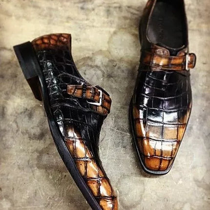 Handmade Men Shaded Tan and Black Crocodile Texture Leather Monk Shoes
