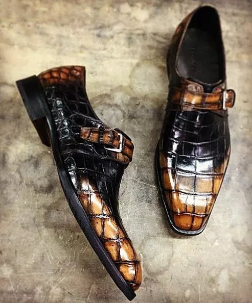 Handmade Men Shaded Tan and Black Crocodile Texture Leather Monk Shoes