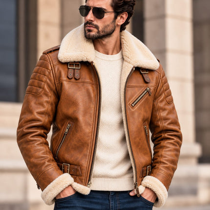 Handmade Men Tan Leather Fur Jacket, Biker Jacket, Men Fashion Outfit