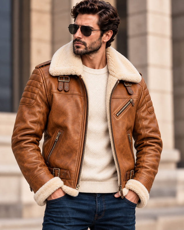 Handmade Men Tan Leather Fur Jacket, Biker Jacket, Men Fashion Outfit